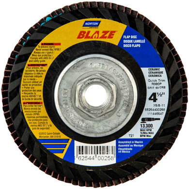 Norton 66254400258 4-1/2x5/8-11” Blaze R980P Ceramic Alumina Type 27 Quick Trim Flap Discs, 60 Grit, Coarse, 10 pack