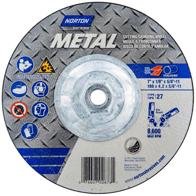 Norton 7660702678 7x1/8x5/8 - 11 In. Metal AO Grinding and Cutting Wheels, Type 27, 24 Grit, 10 pack