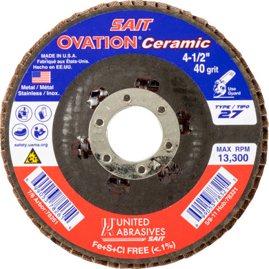 United Abrasives SAIT 78261 4-1/2x7/8 Ovation Ceramic Type 27 No Hub High Density Flap Discs 40 Grit, 10 pack