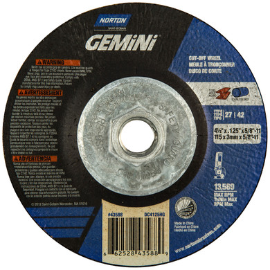 Norton 66252843588 4-1/2x.125x5/8 - 11 In. Gemini AO Right Angle Cut-Off Wheels, Type 27/42, 24 Grit, 10 pack
