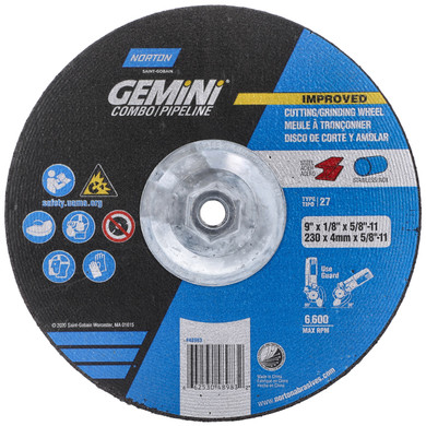 Norton 66253048983 9x1/8x5/8 - 11 In. Gemini Combo Pipeline AO Grinding and Cutting Wheels, Type 27, 24 Grit, 10 pack