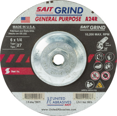 United Abrasives SAIT 20076 6x1/4x5/8-11 A24R Long Life Super Lock Hub Type 27 Metal Grinding Wheels, 10 pack