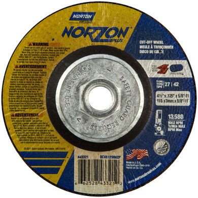Norton 66252843321 4-1/2x.125x5/8 - 11 In. NorZon Plus SGZ CA Right Angle Cut-Off Wheels, Type 27/42, 24 Grit, 10 pack