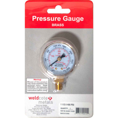 Weldcote Metals GAUGE112X400 Pressure Gauge 1-1/2" X 400 PSI, Brass