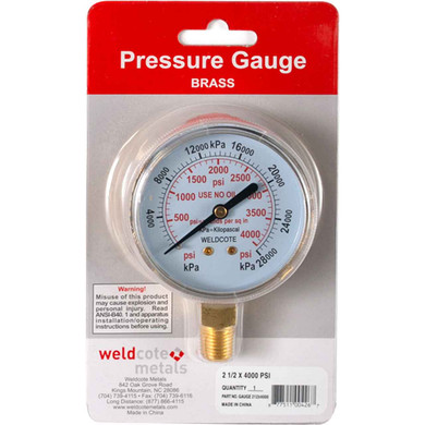 Weldcote Metals GAUGE212X4000 Pressure Gauge 2-1/2" X 4000 PSI, Brass