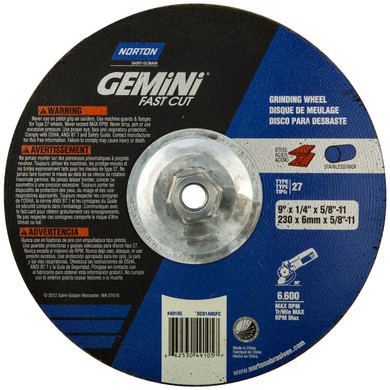 Norton 66253049105 9x1/4x5/8 - 11 In. Gemini FastCut AO Grinding Wheels, Type 27, 24 Grit, 10 pack