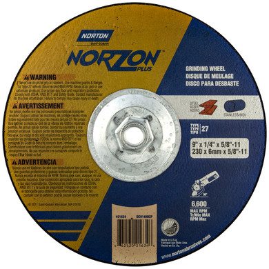 Norton 66253021634 9x1/4x5/8 - 11 In. NorZon Plus SGZ CA/ZA Grinding Wheels, Type 27, 20 Grit, 10 pack