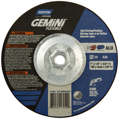 Norton 66252917052 7x1/8x5/8 - 11 In. Gemini Flexible AO Grinding and Cutting Wheels, Type 29, 36 Grit, 10 pack