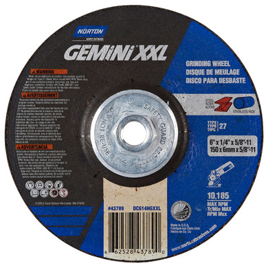 Norton 66252843789 6x1/4x5/8 - 11 In. Gemini XXL Ceramic Coated AO Grinding Wheels, Type 27, 24 Grit, 10 pack