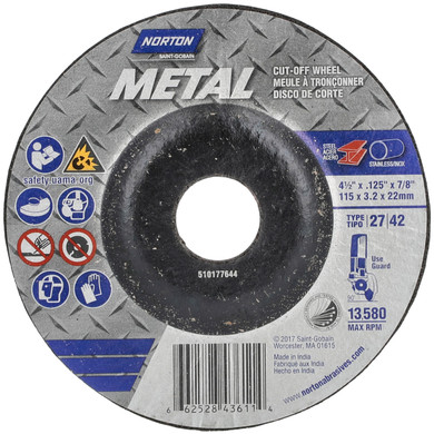 Norton 66252843611 4-1/2x1/8x7/8 In. Metal AO Grinding and Cutting Wheels, Type 27, 24 Grit, 25 pack