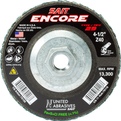 United Abrasives SAIT 79116 4-1/2x5/8-11 Encore Type 29 General Purpose With Hub Zirconium Flap Discs 40 Grit, 10 pack