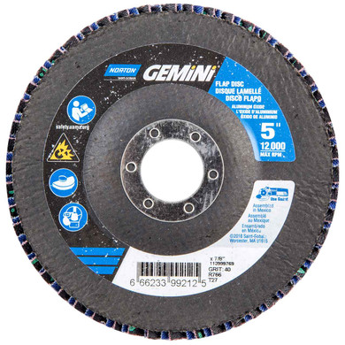 Norton 66623399212 5x7/8” Gemini R766 Aluminum Oxide Zirconia Alumina Type 27 Fiberglass Flap Discs, 40 Grit, 10 pack