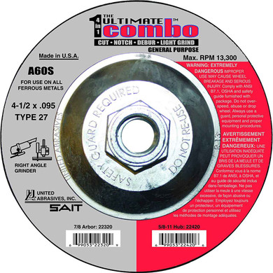 United Abrasives SAIT 22420 4-1/2x.095x5/8-11 Ultimate Combo A60S General Purpose Grinding Wheels, 10 pack