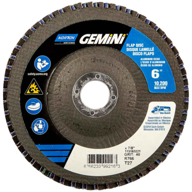 Norton 66623399216 6x7/8” Gemini R766 Aluminum Oxide Zirconia Alumina Type 27 Fiberglass Flap Discs, 40 Grit, 10 pack