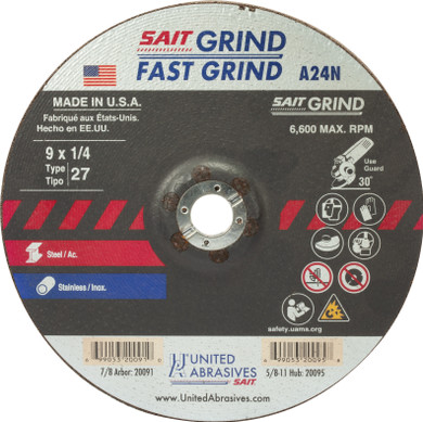 United Abrasives SAIT 20091 9x1/4x7/8 A24N Fast Grinding Metal/Stainless No Hub Type 27 Grinding Wheels, 25 pack