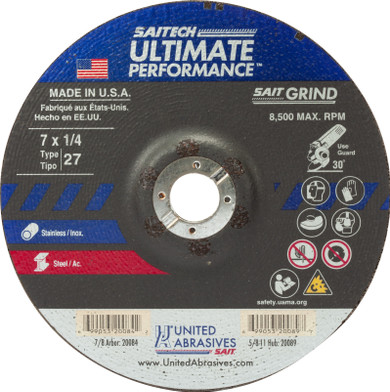 United Abrasives SAIT 20084 7x1/4x7/8 Saitech Ultimate Performance No Hub Type 27 Grinding Wheel, 25 pack