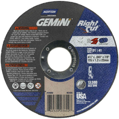 Norton 66252823602 4-1/2x.045x7/8 In. Gemini RightCut AO Reinforced Right Angle Cut-Off Wheels, Type 01/41, 36 Grit, 25 Pack