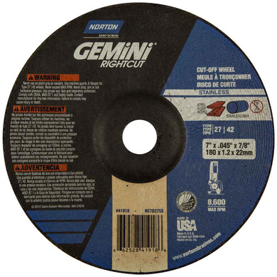 Norton 66252841918 7x.045x7/8 In. Gemini RightCut INOX/SS AO Right Angle Cut-Off Wheels, Type 27/42, 20 pack