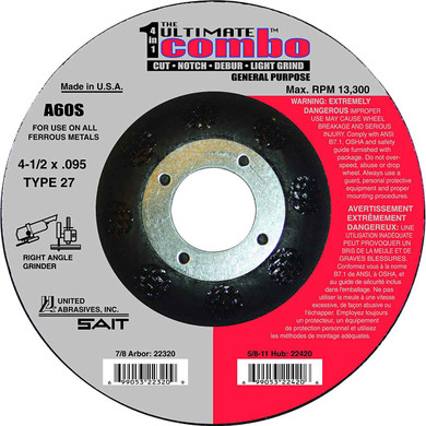 United Abrasives SAIT 22320 4-1/2x.095x7/8 Ultimate Combo A60S General Purpose Grinding Wheels, 25 pack