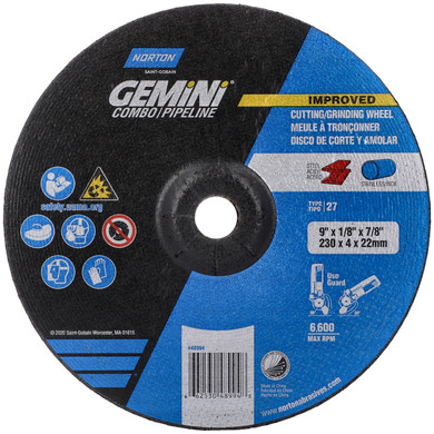 Norton 66253048994 9x1/8x7/8 In. Gemini Combo Pipeline AO Grinding and Cutting Wheels, Type 27, 24 Grit, 20 pack
