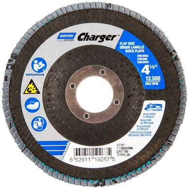 Norton 66261119267 4-1/2x7/8 In. Charger R822 ZA Center Mount Fiberglass Conical Flap Discs, Coarse, P80 Grit, 5 pack