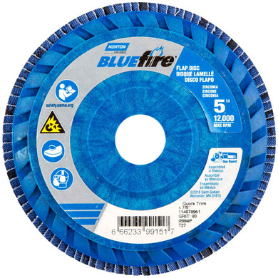 Norton 66623399151 5x7/8” BlueFire R884P Zirconia Alumina Plus Type 27 Quick Trim Flap Discs, 80 Grit, Coarse, 10 pack