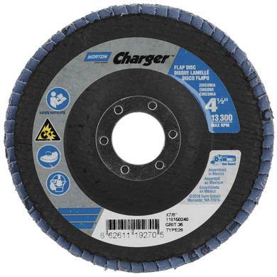 Norton 66261119270 4-1/2x7/8 In. Charger R822 ZA Center Mount Fiberglass Conical Flap Discs, Extra Coarse, P36 Grit, 5 pack