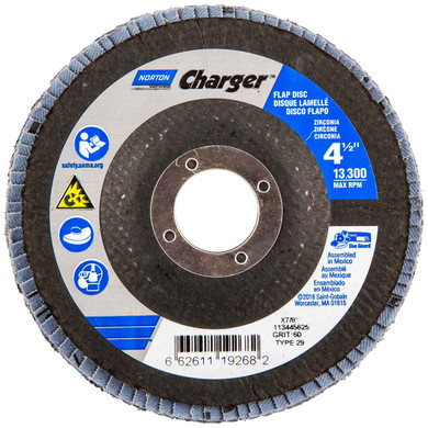 Norton 66261119268 4-1/2x7/8 In. Charger R822 ZA Center Mount Fiberglass Conical Flap Discs, Coarse, P60 Grit, 5 pack