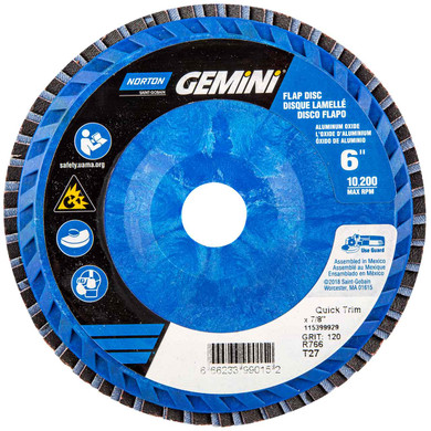 Norton 66623399015 6x7/8” Gemini R766 Aluminum Oxide Zirconia Alumina Type 27 Quick Trim Flap Discs, 120 Grit, 10 pack