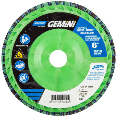 Norton 66623399014 6x7/8” Gemini R766 Aluminum Oxide Zirconia Alumina Type 27 Quick Trim Flap Discs, 80 Grit, 10 pack