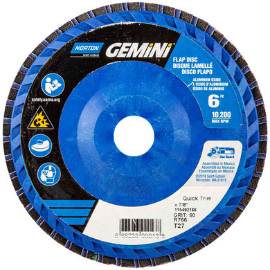 Norton 66623399013 6x7/8” Gemini R766 Aluminum Oxide Zirconia Alumina Type 27 Quick Trim Flap Discs, 60 Grit, 10 pack
