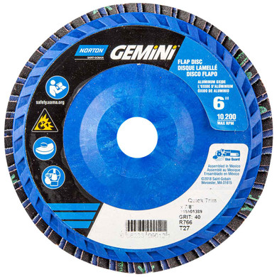 Norton 66623399012 6x7/8” Gemini R766 Aluminum Oxide Zirconia Alumina Type 27 Quick Trim Flap Discs, 40 Grit, 10 pack