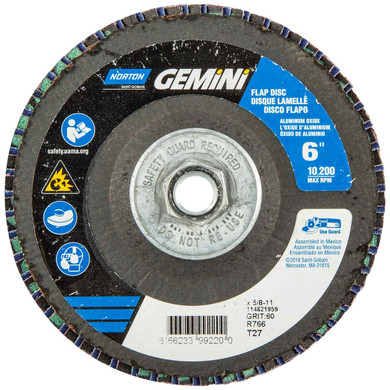 Norton 66623399220 6x5/8-11” Gemini R766 Aluminum Oxide Zirconia Alumina Type 27 Fiberglass Flap Discs, 60 Grit, 10 pack