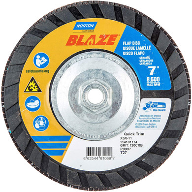 Norton 66254461069 7x5/8-11” Blaze R980P Ceramic Alumina Type 27 Quick Trim Flap Discs, 120 Grit, Medium, 10 pack