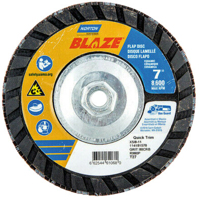 Norton 66254461068 7x5/8-11” Blaze R980P Ceramic Alumina Type 27 Quick Trim Flap Discs, 80 Grit, Coarse, 10 pack