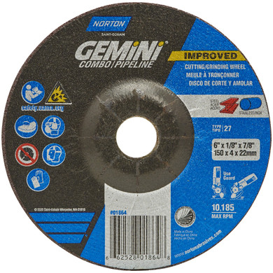Norton 66252801864 6x1/8x7/8 In. Gemini Combo Pipeline AO Grinding and Cutting Wheels, Type 27, 24 Grit, 20 pack