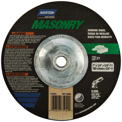 Norton 7660775942 7x1/4x5/8 - 11 In. Masonry SC Grinding Wheels, Type 27, 24 Grit, 5 pack