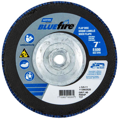 Norton 77696090093 7x5/8-11” BlueFire R884P Zirconia Alumina Plus High Density Type 27 Flap Discs, 60 Grit, Coarse, 10 pack