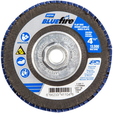 Norton 66623341104 4-1/2x5/8-11” BlueFire R884P Vendible Zirconia Alumina Plus Type 29 Flap Discs, 36 Grit, Coarse, 10 pack