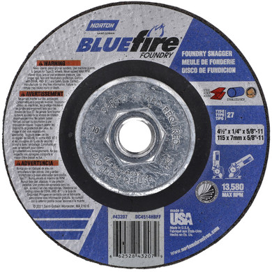 Norton 66252843207 4-1/2x1/4x5/8 - 11 In. BlueFire ZA/SC Foundry Grinding Wheels, Type 27, 24 Grit, 10 pack