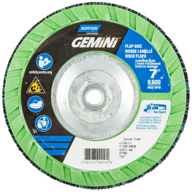 Norton 66623399016 7x5/8-11” Gemini R766 Aluminum Oxide Zirconia Alumina Type 27 Quick Trim Flap Discs, 40 Grit, 10 pack