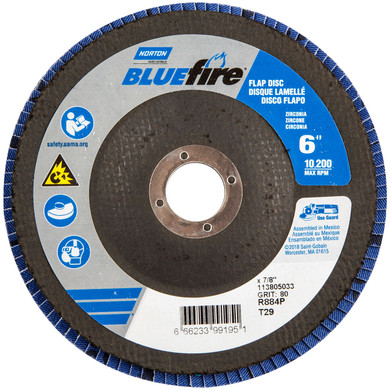 Norton 66623399195 6x7/8” BlueFire R884P Zirconia Alumina Plus Type 29 Flap Discs, 80 Grit, Coarse, 10 pack