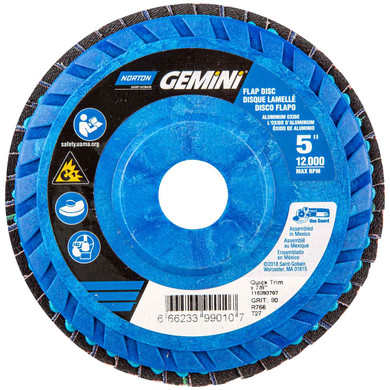 Norton 66623399010 5x7/8” Gemini R766 Aluminum Oxide Zirconia Alumina Type 27 Quick Trim Flap Discs, 80 Grit, 10 pack