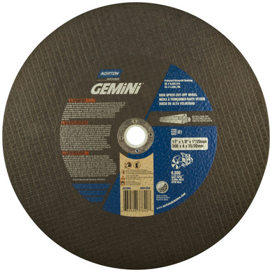 Norton 66252837840 12x1/8x1"/20mm Gemini Ductile SC/AO High Speed Cut-Off Wheels, Type 01/41, 24 Grit, 10 pack