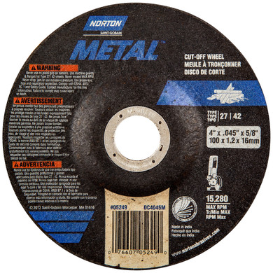 Norton 7660705249 4x.045x5/8 In. Metal RightCut AO Right Angle Cut-Off Wheels, Type 27/42, 24 Grit, 25 pack