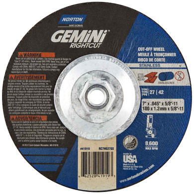 Norton 66252841919 7x.125x5/8 - 11 In. Gemini RightCut INOX/SS AO Right Angle Cut-Off Wheels, Type 27/42, 24 Grit, 10 pack