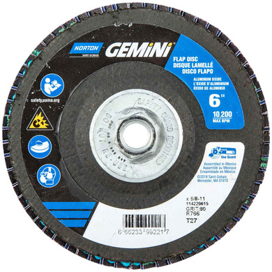 Norton 66623399221 6x5/8-11” Gemini R766 Aluminum Oxide Zirconia Alumina Type 27 Fiberglass Flap Discs, 80 Grit, 10 pack