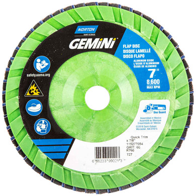 Norton 66623399021 7x7/8” Gemini R766 Aluminum Oxide Zirconia Alumina Type 27 Quick Trim Flap Discs, 60 Grit, 10 pack