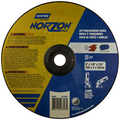 Norton 66253048896 9x1/8x7/8 In. NorZon Plus SGZ CA/ZA Grinding and Cutting Wheels, Type 27, 24 Grit, 20 pack