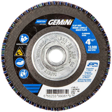 Norton 66623399061 4-1/2x5/8-11” Gemini R766 Aluminum Oxide Zirconia Alumina Type 27 Fiberglass Flap Discs, 80 Grit, 10 pack